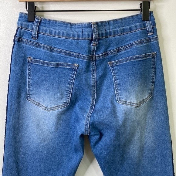 Bamboo Distressed Mid-Rise Skinny Jean Stripe Detail Faded Whisker Stretchy Soft - Picture 5 of 16